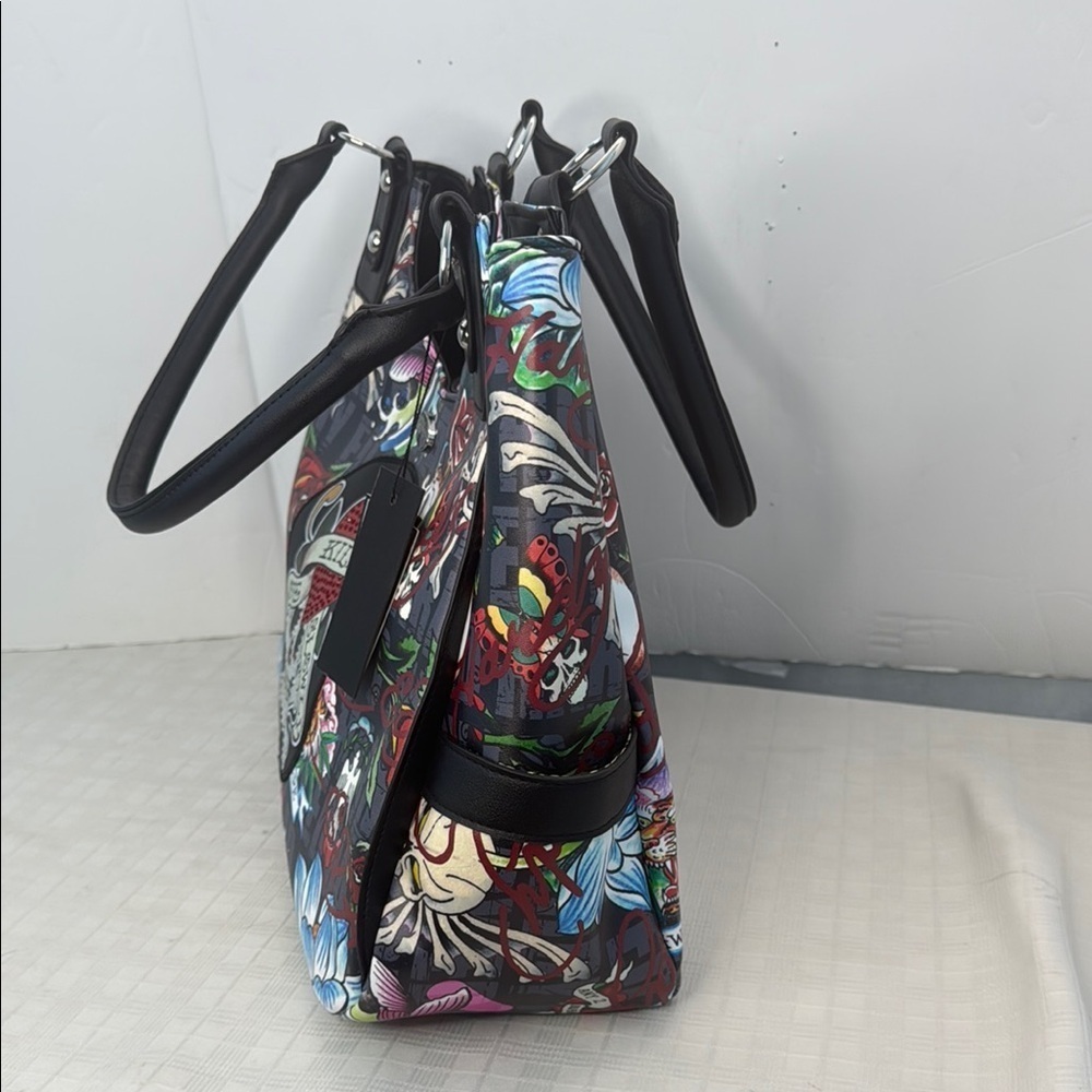 Ed Hardy Black and Red Shoulder Bag with Tattoo-Inspired Design - Picture 2 of 11